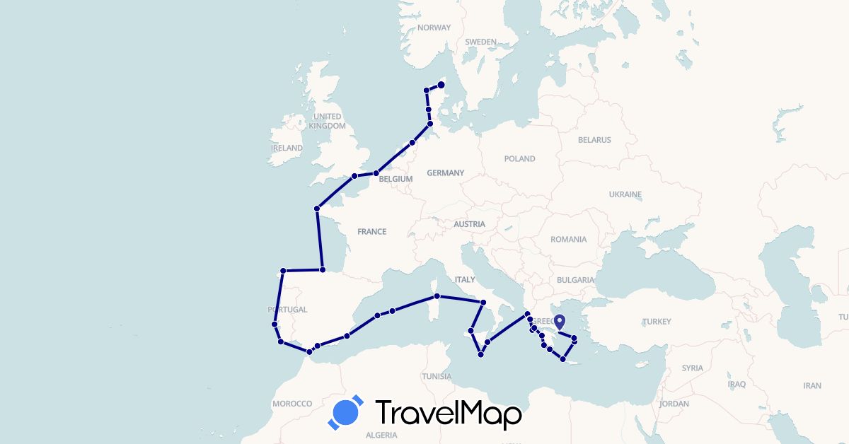TravelMap itinerary: driving in Germany, Denmark, Spain, France, United Kingdom, Gibraltar, Greece, Italy, Malta, Netherlands, Portugal (Europe)